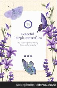 Poster template with purple and blue butterfly concept,watercolor style

