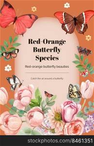 Poster template with red and orange butterfly concept,watercolor style 