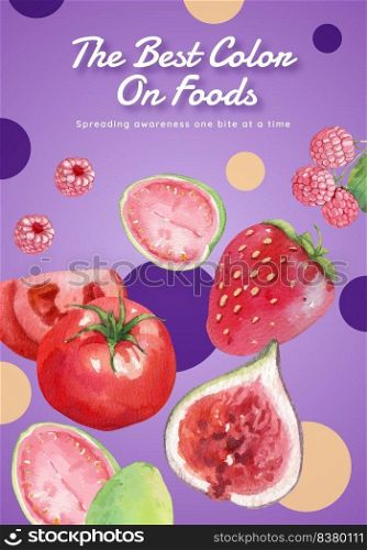 Poster template with red fruits and vegetable concept,watercolor style
