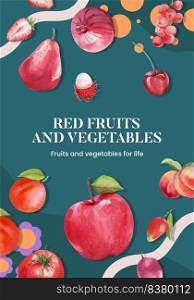 Poster template with red fruits and vegetable concept,watercolor style 