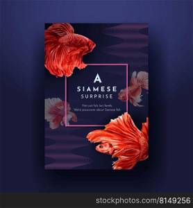 Poster template with Siames fighting fish concept design for advertise and marketing watercolor vector illustration 