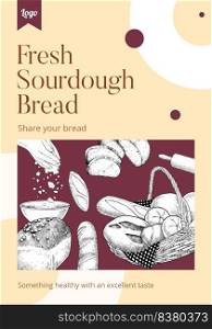 Poster template with sourdough concept,sketch drawing style 