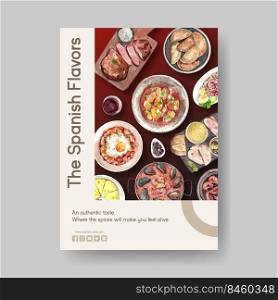 Poster template with Spain cuisine concept design for brochure and leaflet watercolor illustration 