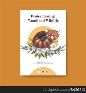 Poster template with spring woodland wildlife concept,watercolor style 