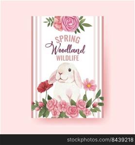 Poster template with spring woodland wildlife concept,watercolor style
