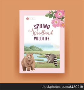 Poster template with spring woodland wildlife concept,watercolor style 