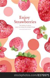 Poster template with strawberry harvest concept,watercolor style  