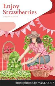 Poster template with strawberry harvest concept,watercolor style

