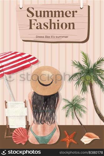 Poster template with summer outfit fashion concept,watercolor style 