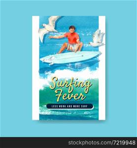 Poster template with surfboards at beach design for summer vacation tropical and relaxation watercolor vector illustration