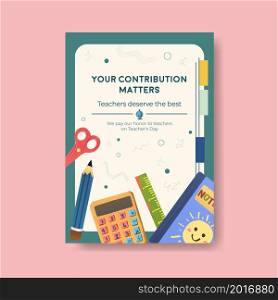 Poster template with teacher&rsquo;s day concept design for brochure and leaflet watercolor vector illustration