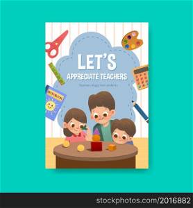 Poster template with teacher&rsquo;s day concept design for brochure and leaflet watercolor vector illustration