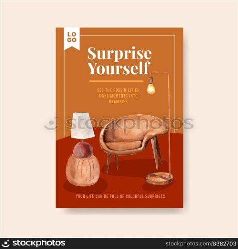 Poster template with terracotta decor concept design for advertise and marketing watercolor vector illustration 