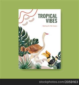 Poster template with tropical contemporary concept design for advertise and marketing watercolor vector illustration