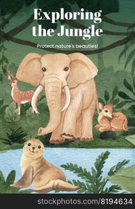 Poster template with tropical wildlife concept,watercolor style 