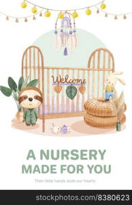 Poster template with very peri boho nursery concept,watercolor style 
