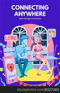 Poster template with VR Dating concept,watercolor style 