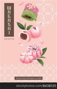 Poster template with wagashi Japanese dessert concept,watercolor style 