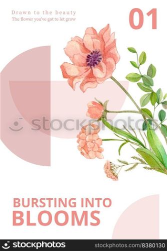 Poster template with wild flowers concept,watercolor style 