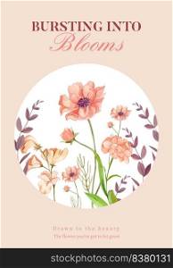 Poster template with wild flowers concept,watercolor style

