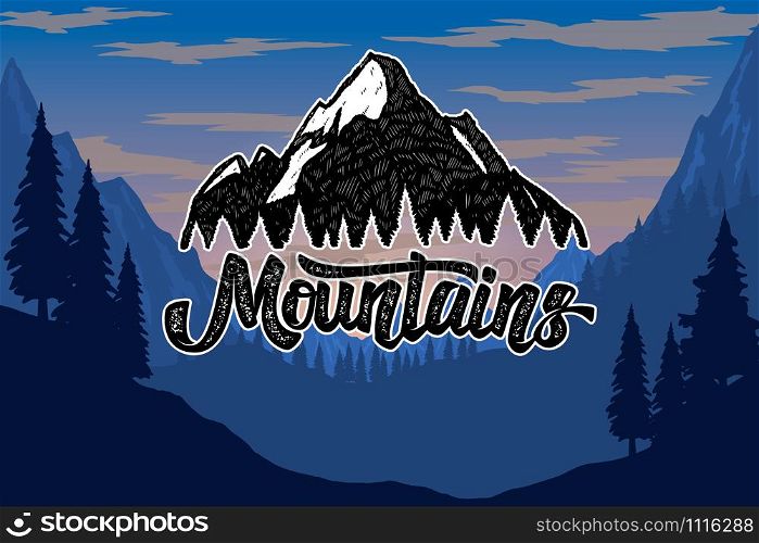 Poster template with wild mountains landscape. Vector illustration