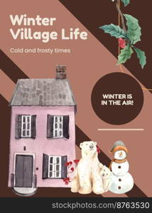 Poster template with wild village life in winter concept,watercolor style
