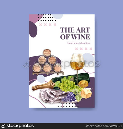 Poster template with wine farm concept design for advertise and marketing watercolor vector illustration.