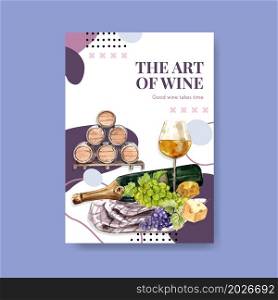 Poster template with wine farm concept design for advertise and marketing watercolor vector illustration.