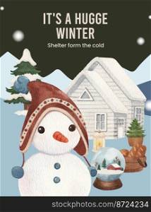 Poster template with winter hugge life concept,watercolor style 