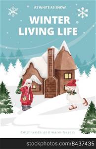 Poster template with winter living concept,watercolor style 