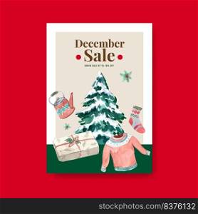 Poster template with winter sale concept design for advertise and marketing watercolor vector illustration 