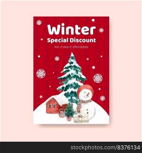 Poster template with winter sale concept design for advertise and marketing watercolor vector illustration
