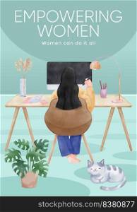 Poster template with woman work from home concept,watercolor style 
