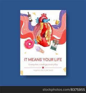 Poster template with world diabetes day concept design for ads and marketing watercolor vector illustration. 