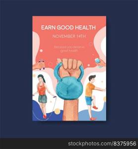 Poster template with world diabetes day concept design for ads and marketing watercolor vector illustration.
