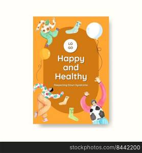 Poster template with world down syndrome day concept design for advertise and marketing watercolor illustration 