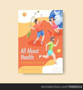 Poster template with world mental health day concept design for advertise and marketing watercolor vector