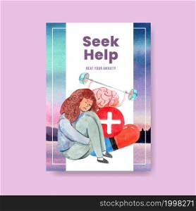 Poster template with world mental health day concept design for brochure and leaflet watercolor vector illustration.