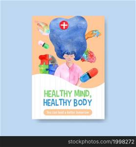 Poster template with world mental health day concept design for brochure and leaflet watercolor vector illustration.