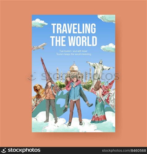 Poster template with world tourism day concept,watercolor style 