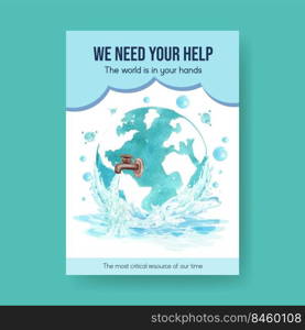 Poster template with world water day concept design for advertise and marketing watercolor vector illustration 