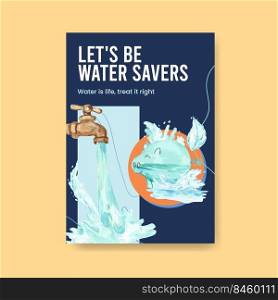 Poster template with world water day concept design for advertise and marketing watercolor vector illustration 