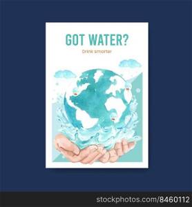 Poster template with world water day concept design for advertise and marketing watercolor vector illustration 