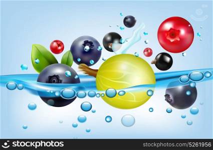 Poster with berries and water. Colorful abstract poster with garden and forest berries swimming in water with bubbles realistic vector illustration