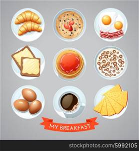Poster With Breakfast Set. Poster of traditional european breakfast food elements on grey background with title isolated vector illustration