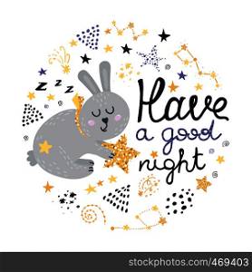 Poster with bunny, stars and lettering. Vector illustration for your design