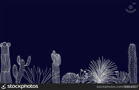 Poster with cacti and succulents on a dark background. Ornament in sketch style.
