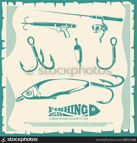 Poster with fishing accesories and equipment hook for sport fishing. Vector illustration. Poster with fishing accesories and equipment