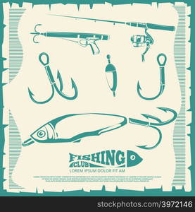 Poster with fishing accesories and equipment hook for sport fishing. Vector illustration. Poster with fishing accesories and equipment