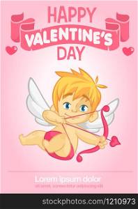 Poster with funny cupid cartoon character with bow and arrow. Vector illustration for Valentine&rsquo;s Day isolated on blue background.